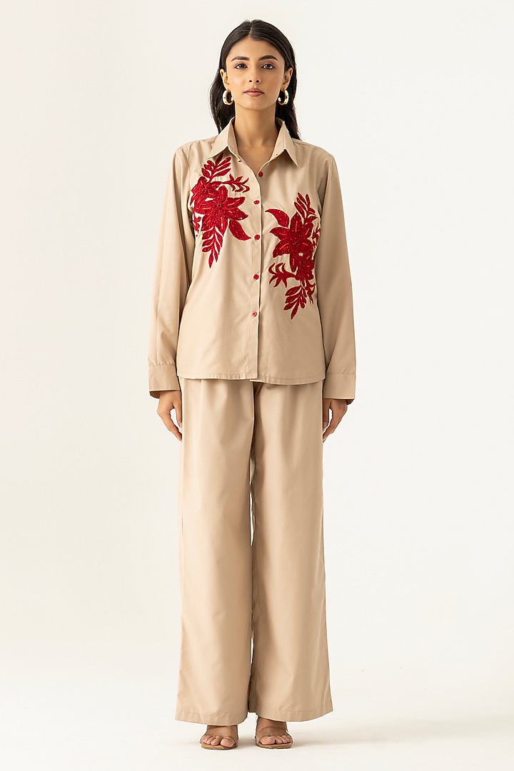 Beige Cotton Floral Embroidered Co-Ord Set by K-ANSHIKA Jaipur at Pernia's Pop Up Shop