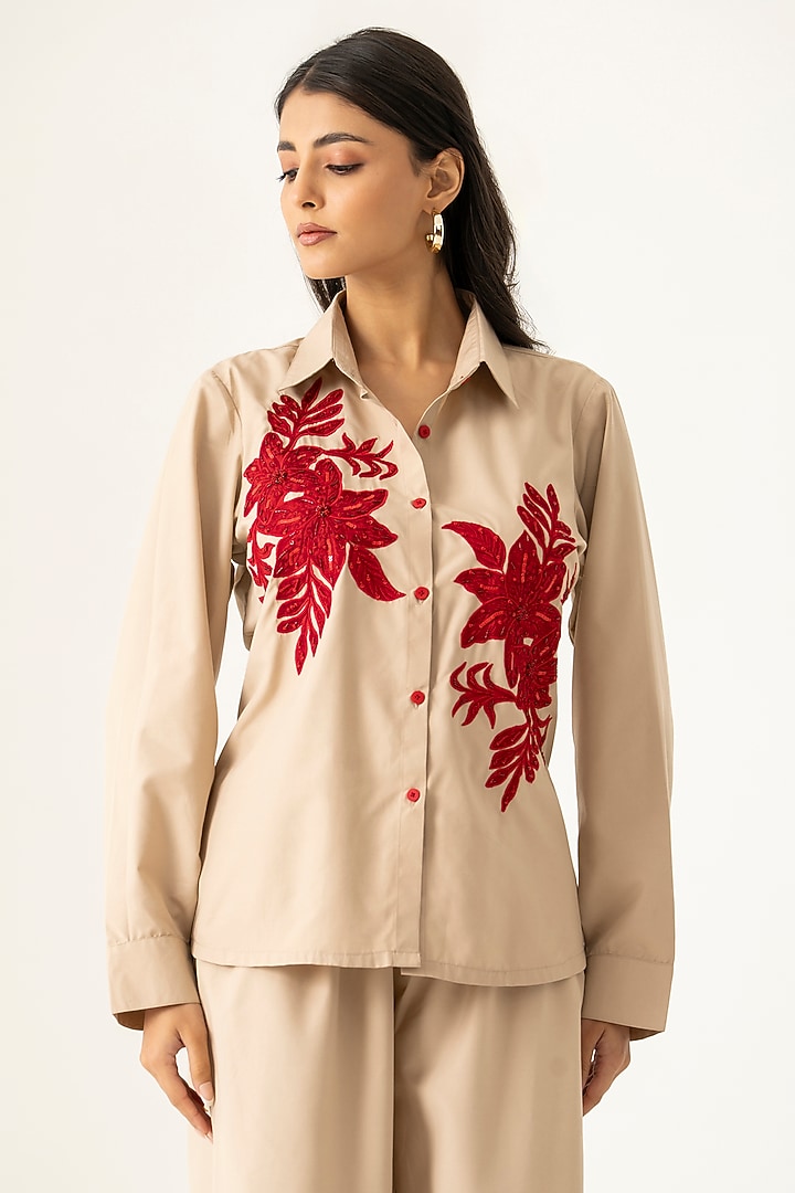 Beige Cotton Floral Embroidered Co-Ord Set by K-ANSHIKA Jaipur at Pernia's Pop Up Shop