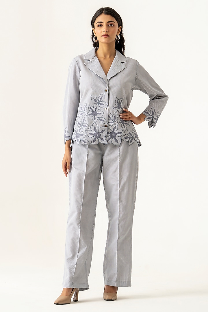 Soft Grey Cotton Floral Embroidered Co-Ord Set by K-ANSHIKA Jaipur at Pernia's Pop Up Shop