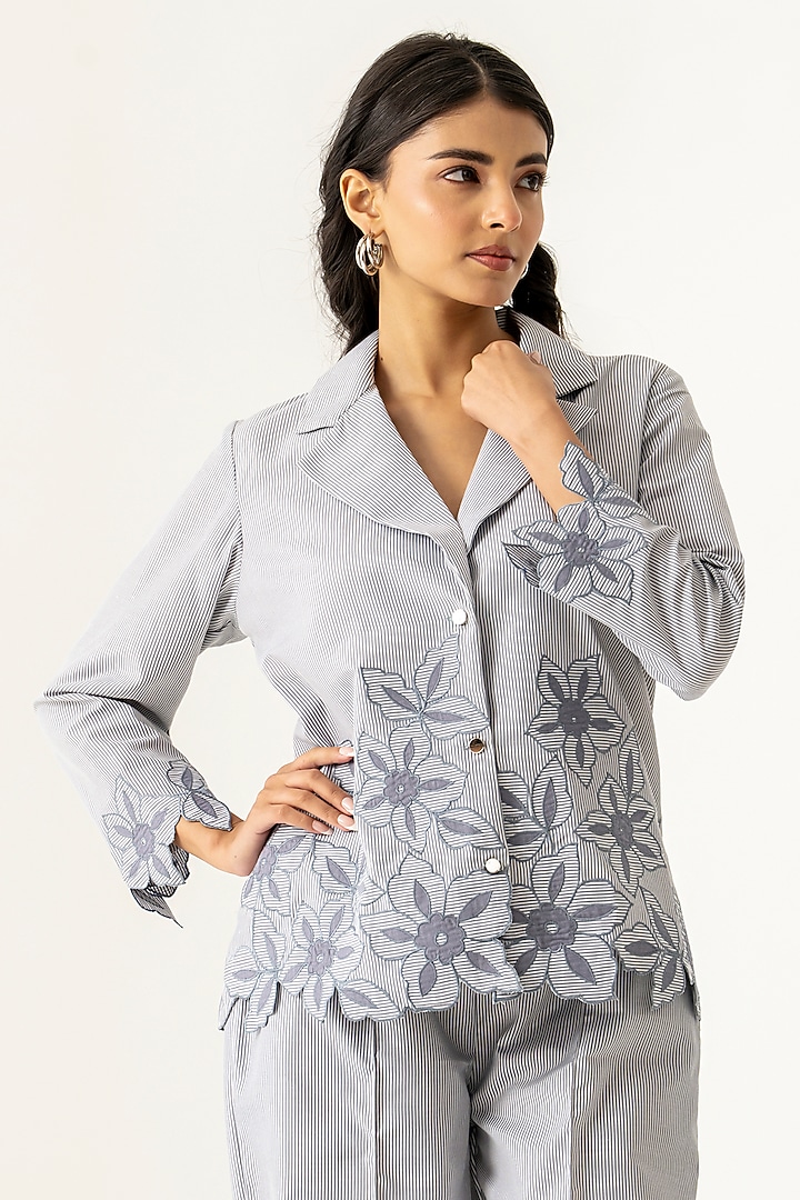 Soft Grey Cotton Floral Embroidered Co-Ord Set by K-ANSHIKA Jaipur at Pernia's Pop Up Shop