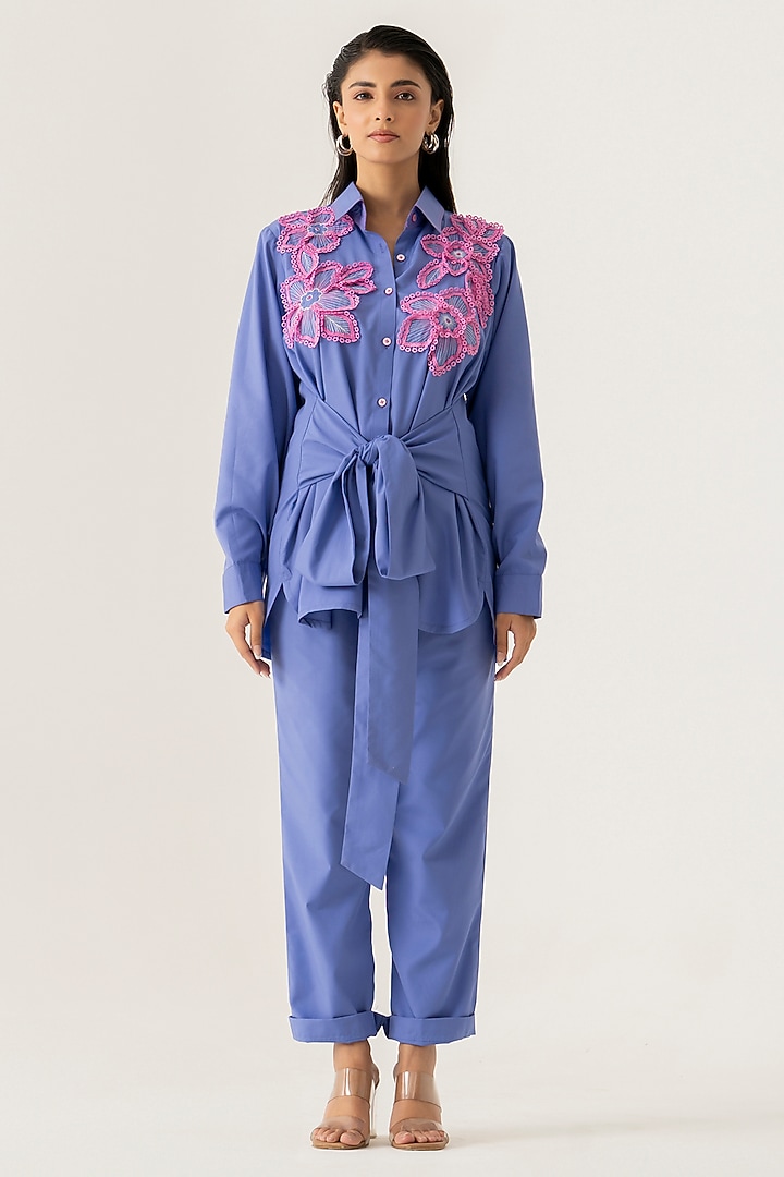 Sky Blue Cotton Floral Applique Co-Ord Set by K-ANSHIKA Jaipur at Pernia's Pop Up Shop