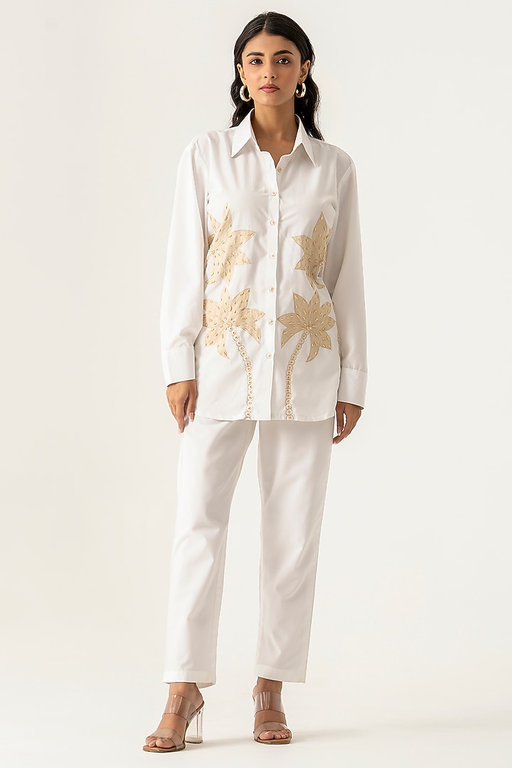 Off-White Cotton Palm Tree Embroidered Co-Ord Set by K-ANSHIKA Jaipur at Pernia's Pop Up Shop