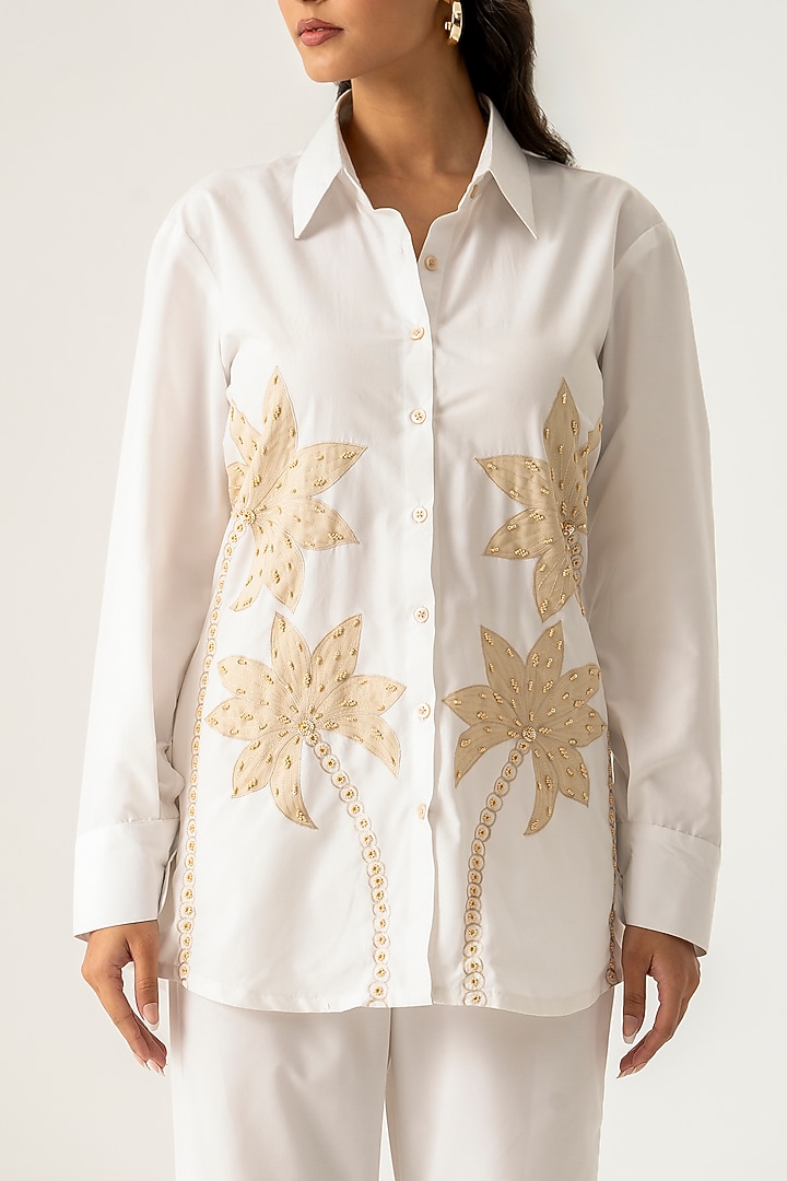 Off-White Cotton Palm Tree Embroidered Co-Ord Set by K-ANSHIKA Jaipur at Pernia's Pop Up Shop