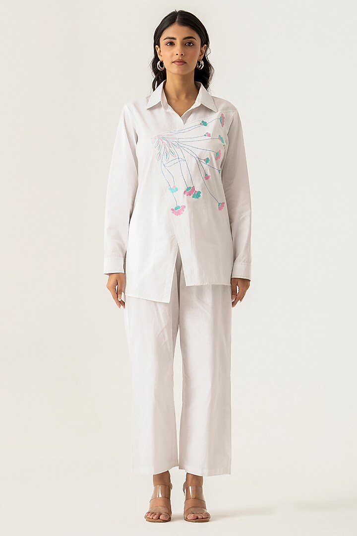 White Cotton Feather Embroidered Co-Ord Set by K-ANSHIKA Jaipur at Pernia's Pop Up Shop