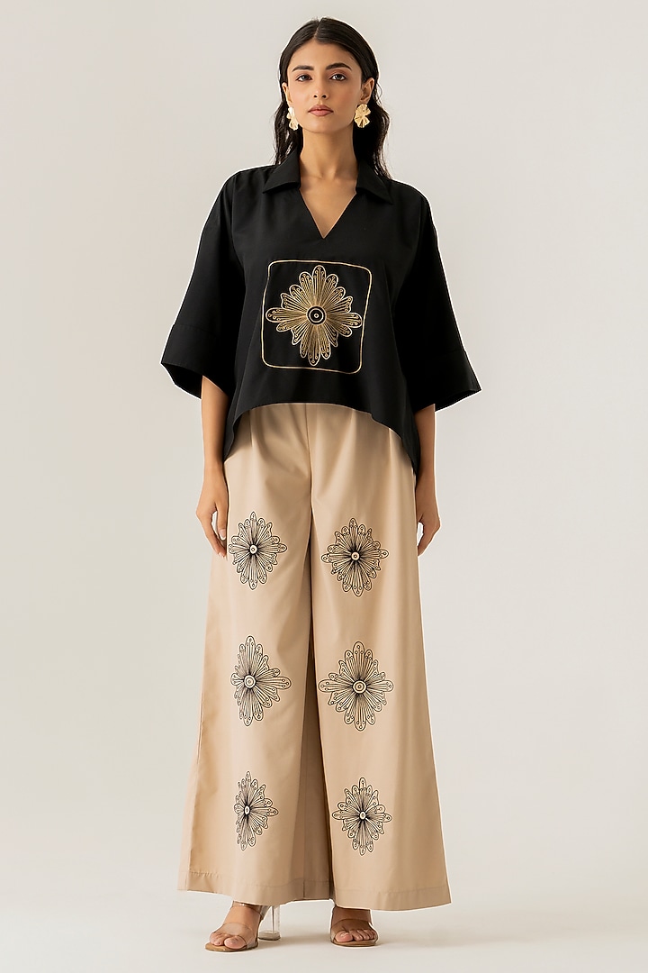 Black & Beige Cotton Embroidered Co-Ord Set by K-ANSHIKA Jaipur at Pernia's Pop Up Shop