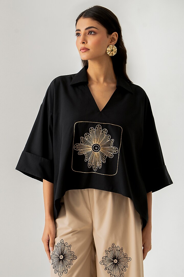 Black & Beige Cotton Embroidered Co-Ord Set by K-ANSHIKA Jaipur at Pernia's Pop Up Shop