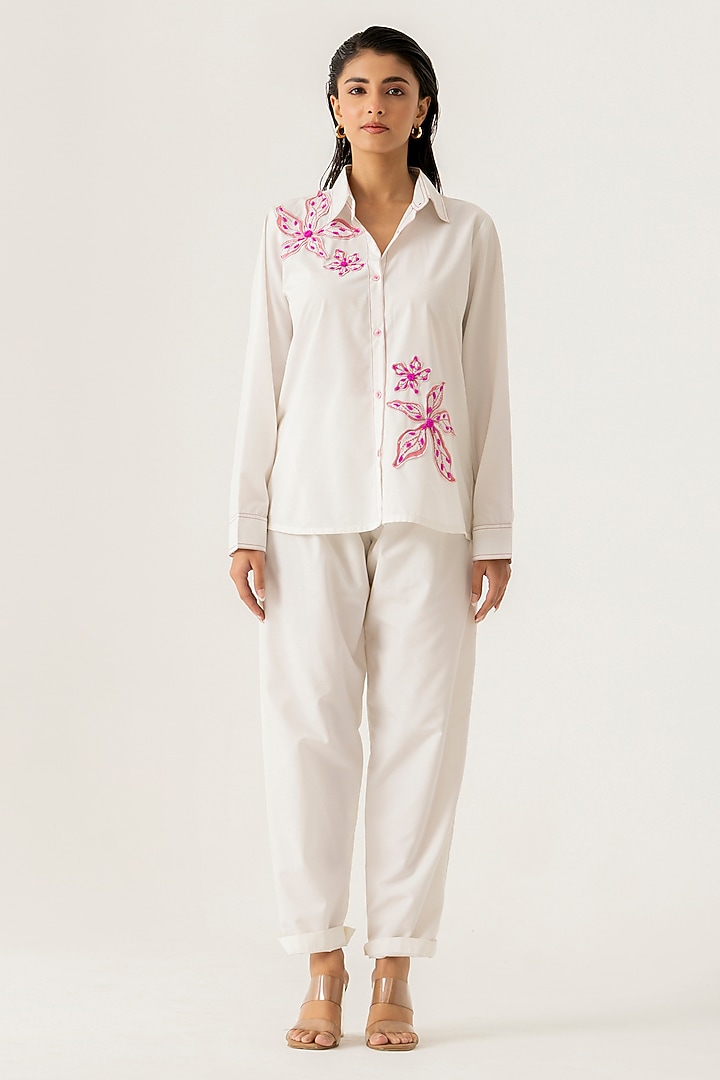 White Cotton Floral Embroidered Co-Ord Set by K-ANSHIKA Jaipur at Pernia's Pop Up Shop