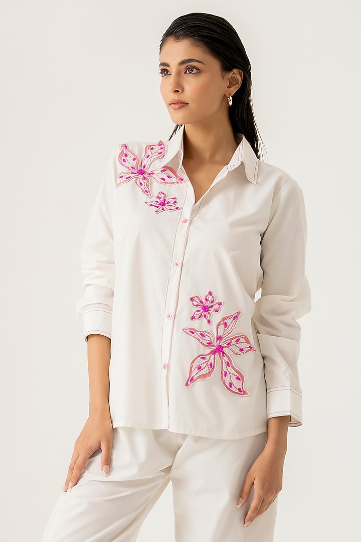 White Cotton Floral Embroidered Co-Ord Set by K-ANSHIKA Jaipur at Pernia's Pop Up Shop