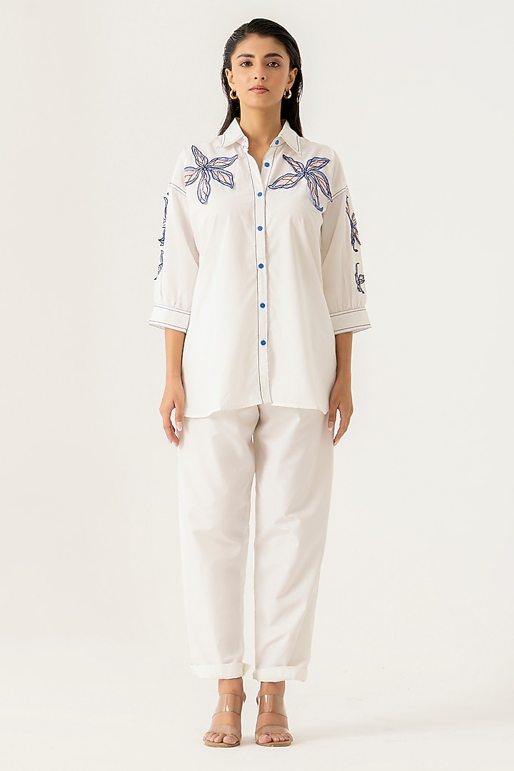 White Cotton Floral Embroidered Co-Ord Set by K-ANSHIKA Jaipur at Pernia's Pop Up Shop