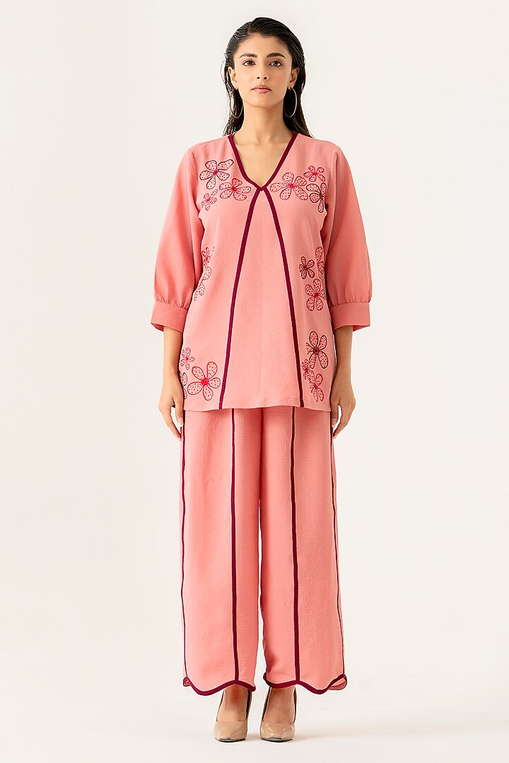 Blush Pink Cotton Floral Embroidered Co-Ord Set by K-ANSHIKA Jaipur at Pernia's Pop Up Shop
