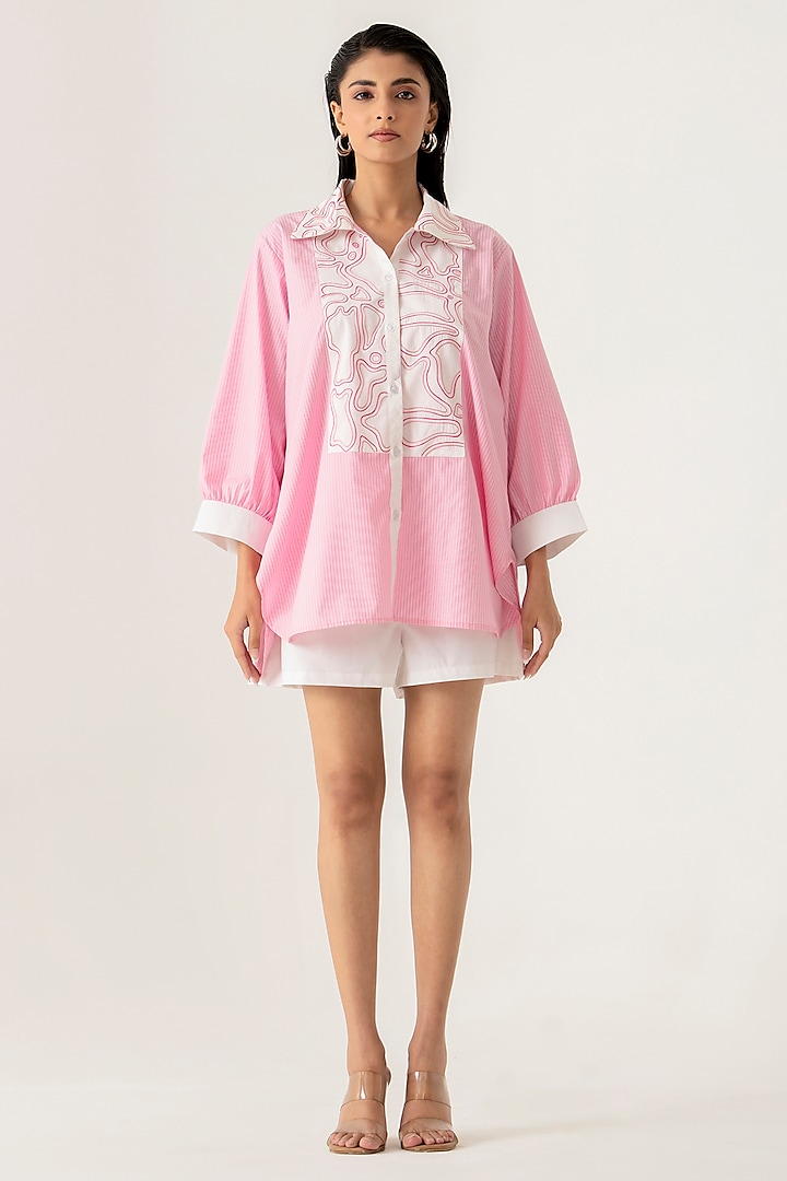 Pink Cotton Abstract Embroidered Striped Co-Ord Set by K-ANSHIKA Jaipur at Pernia's Pop Up Shop