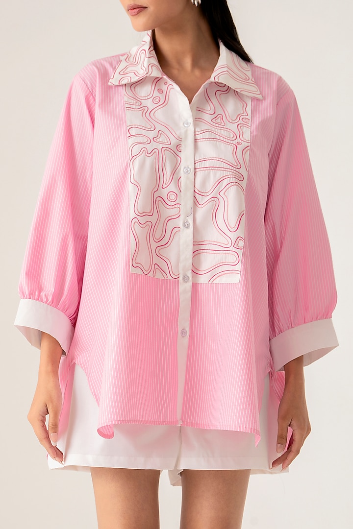 Pink Cotton Abstract Embroidered Striped Co-Ord Set by K-ANSHIKA Jaipur at Pernia's Pop Up Shop