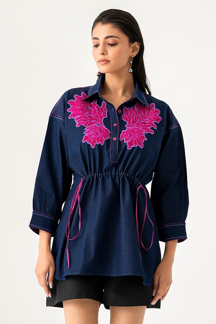 Blue Cotton Floral Embroidered Co-Ord Set by K-ANSHIKA Jaipur at Pernia's Pop Up Shop