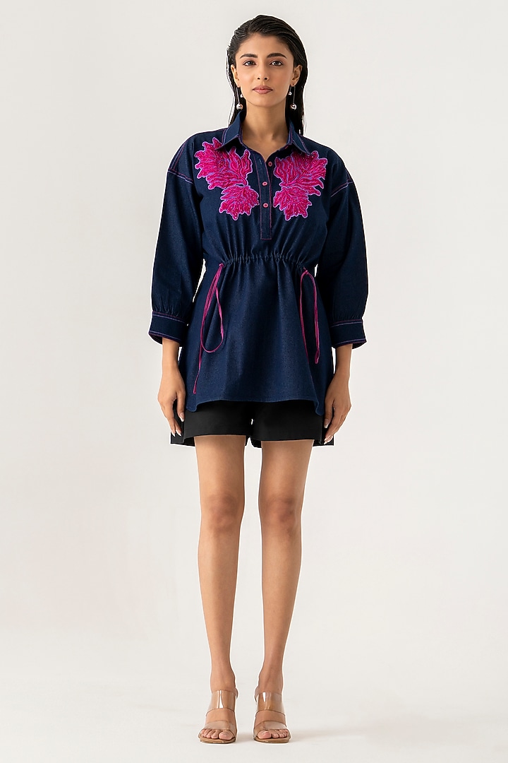 Blue Cotton Floral Embroidered Co-Ord Set by K-ANSHIKA Jaipur at Pernia's Pop Up Shop