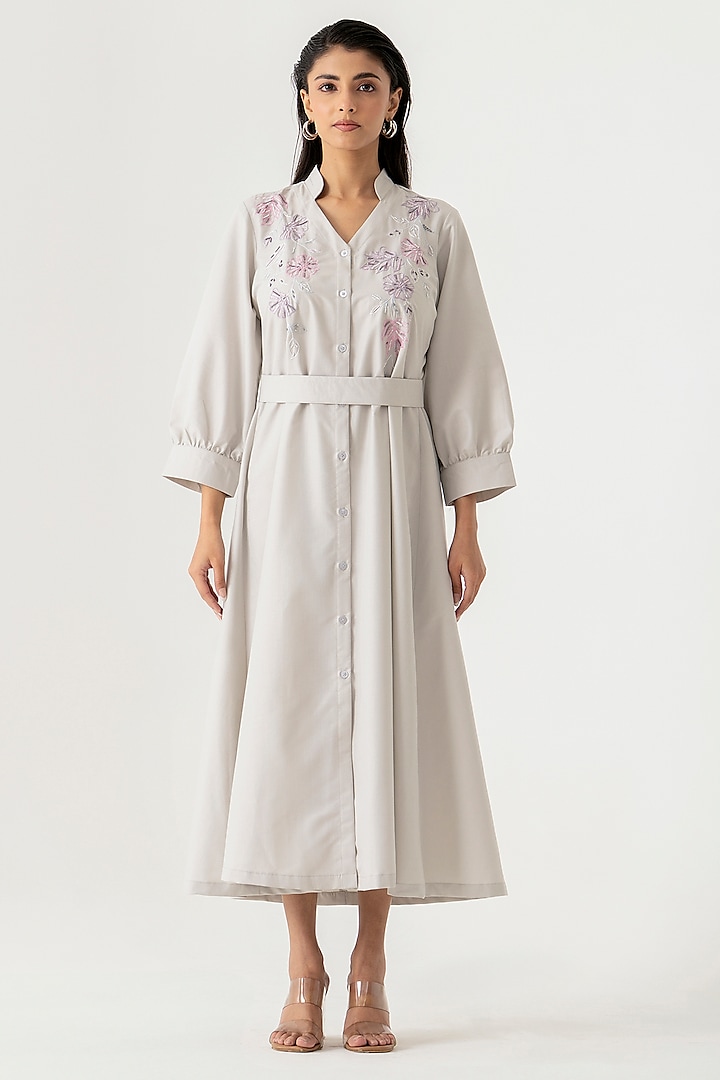 Grey Cotton Floral Embroidered Midi Summer Dress by K-ANSHIKA Jaipur at Pernia's Pop Up Shop