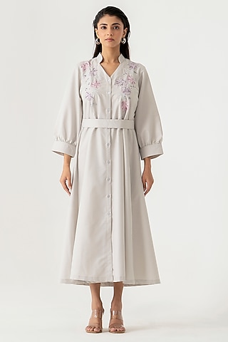 Grey Cotton Floral Embroidered Midi Dress by K-ANSHIKA Jaipur