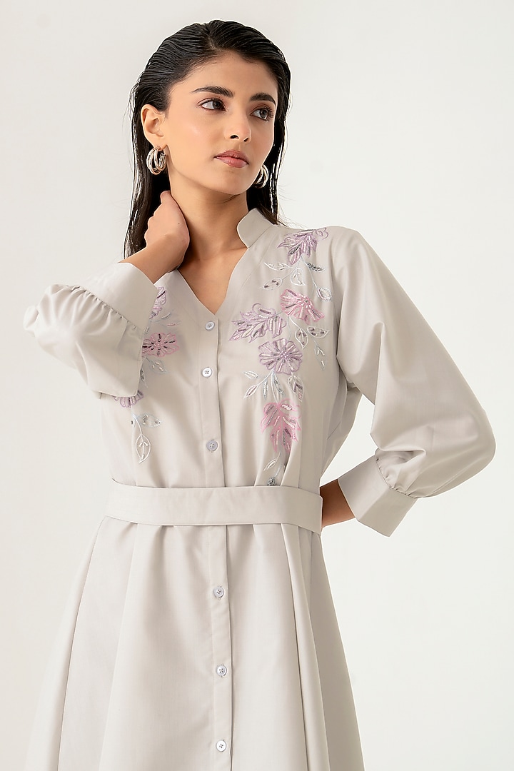 Grey Cotton Floral Embroidered Midi Vacation Dress by K-ANSHIKA Jaipur at Pernia's Pop Up Shop