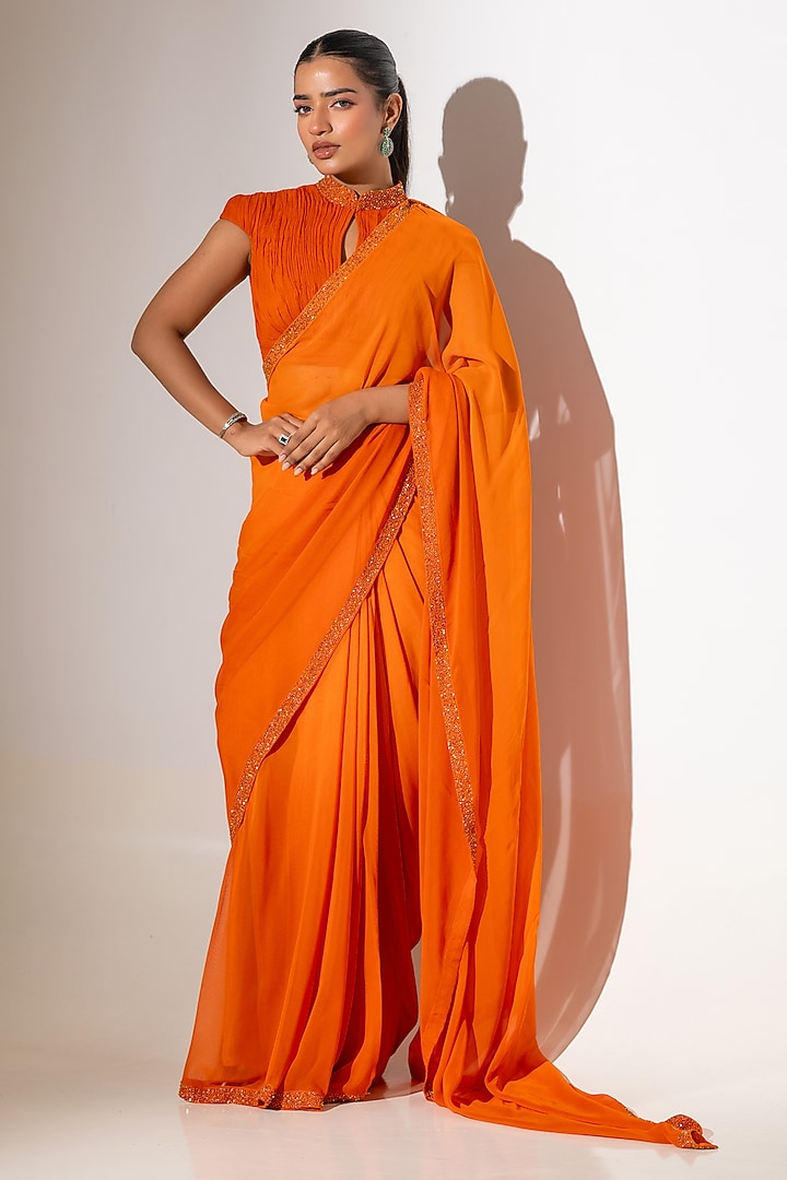 Orange Georgette Embellished Draped Wedding Saree Set by K-ANSHIKA Jaipur at Pernia's Pop Up Shop