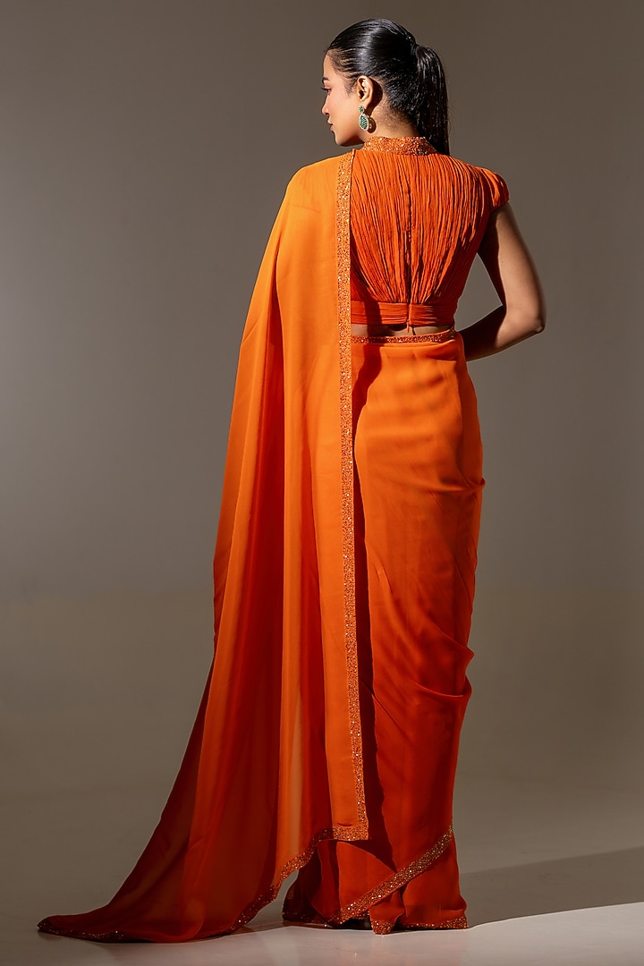Orange Georgette Embellished Draped Wedding Saree Set by K-ANSHIKA Jaipur at Pernia's Pop Up Shop