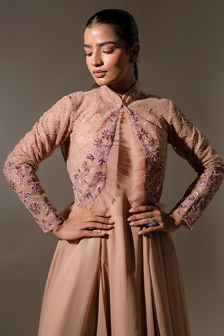 Blush Pink Georgette & Net Flowy Party Wear Dress With Jacket by K-ANSHIKA Jaipur at Pernia's Pop Up Shop