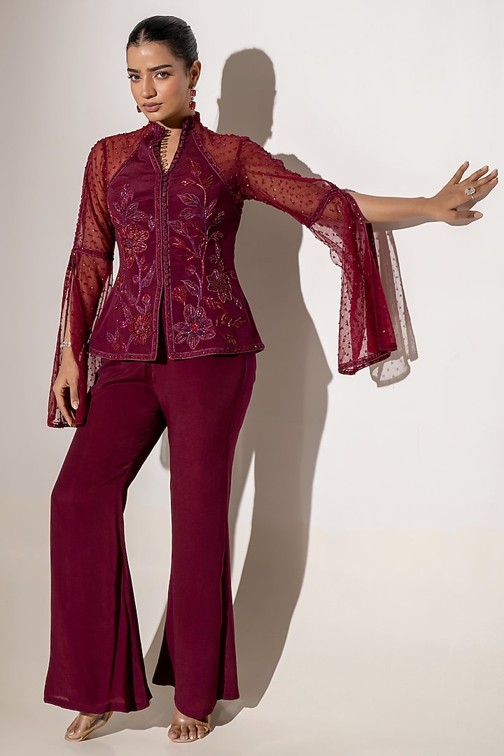 Maroon Crepe & Net Embroidered Jacket Set by K-ANSHIKA Jaipur at Pernia's Pop Up Shop
