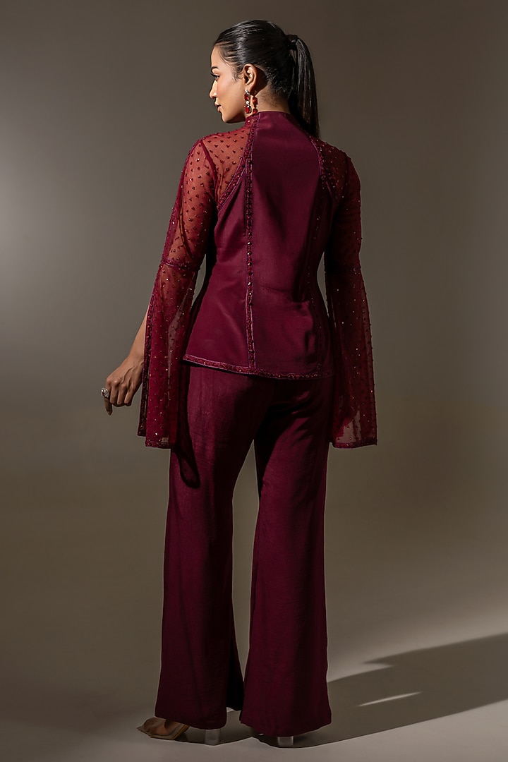 Maroon Crepe & Net Embroidered Jacket Set by K-ANSHIKA Jaipur at Pernia's Pop Up Shop