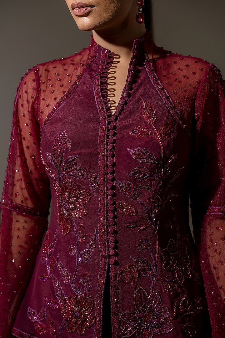 Maroon Crepe & Net Embroidered Jacket Set by K-ANSHIKA Jaipur at Pernia's Pop Up Shop