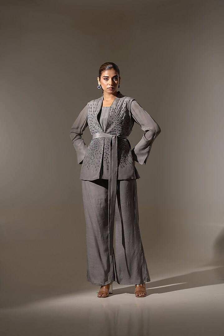 Grey Crepe Embellished Jacket Set by K-ANSHIKA Jaipur at Pernia's Pop Up Shop