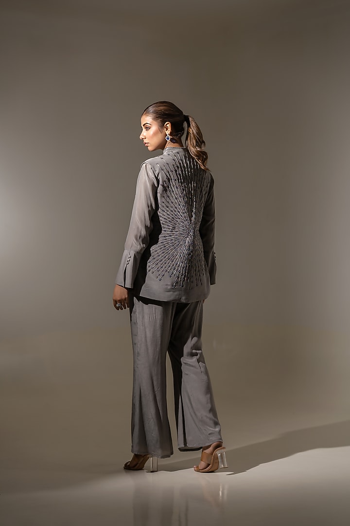 Grey Crepe Embellished Jacket Set by K-ANSHIKA Jaipur at Pernia's Pop Up Shop