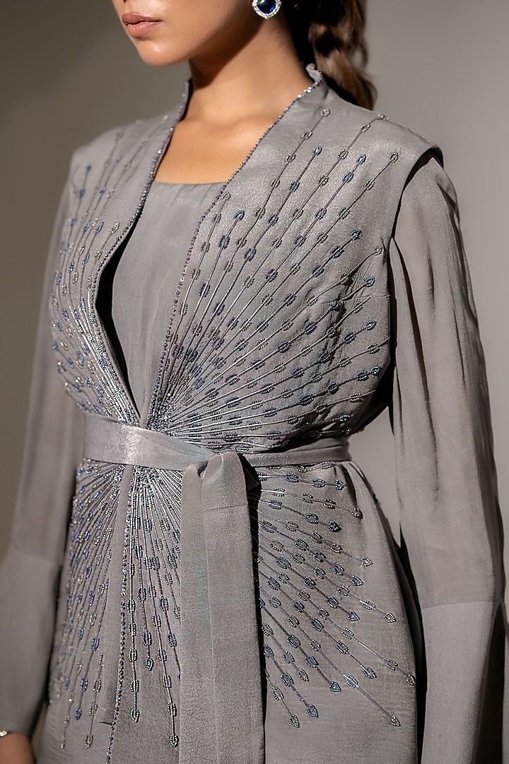 Grey Crepe Embellished Jacket Set by K-ANSHIKA Jaipur at Pernia's Pop Up Shop