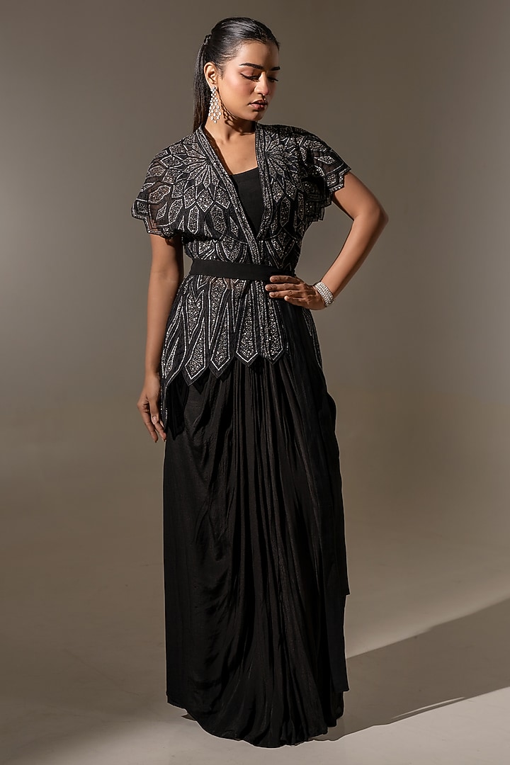 Black & Net Embellished Jacket Set by K-ANSHIKA Jaipur at Pernia's Pop Up Shop