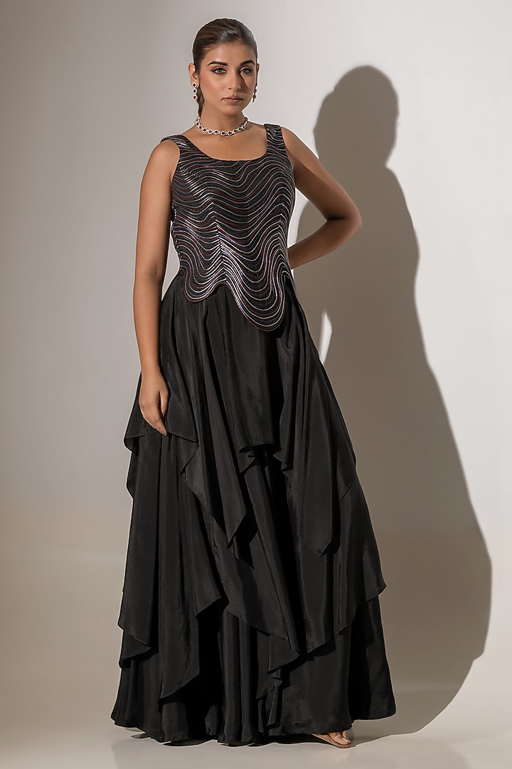 Black Crepe Draped Skirt Set by K-ANSHIKA Jaipur at Pernia's Pop Up Shop