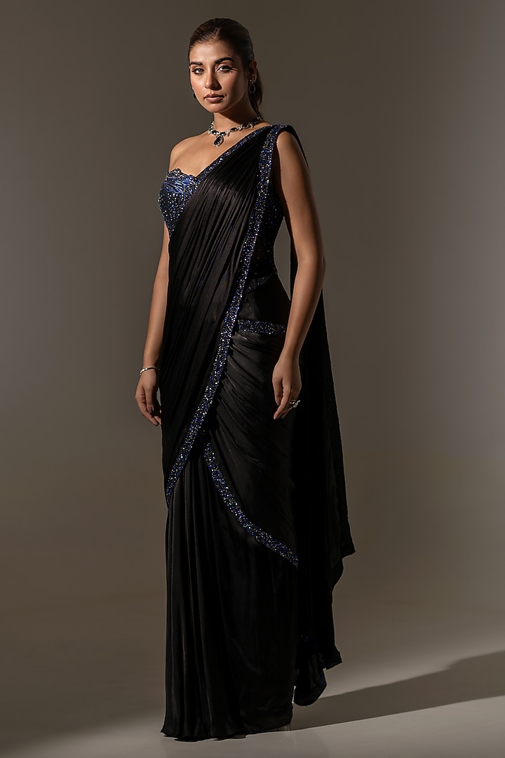 Black Satin & Net Embellished Draped Wedding Saree Set by K-ANSHIKA Jaipur at Pernia's Pop Up Shop