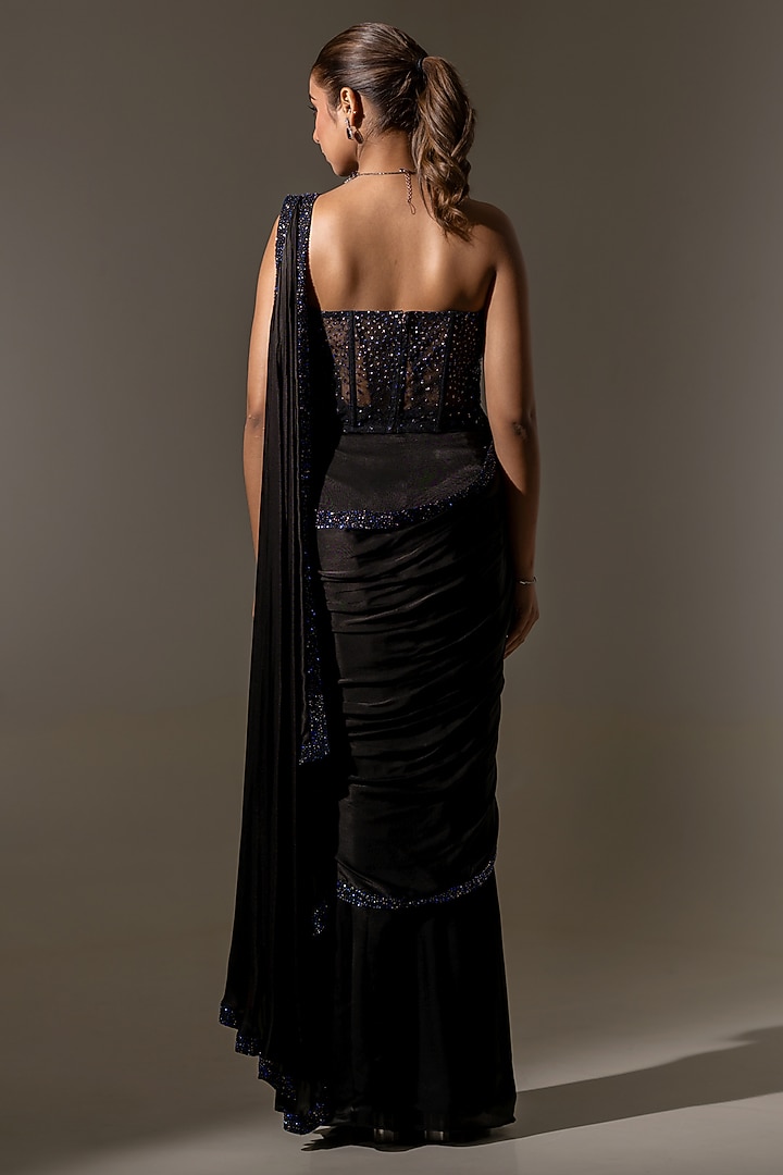 Black Satin & Net Embellished Draped Wedding Saree Set by K-ANSHIKA Jaipur at Pernia's Pop Up Shop