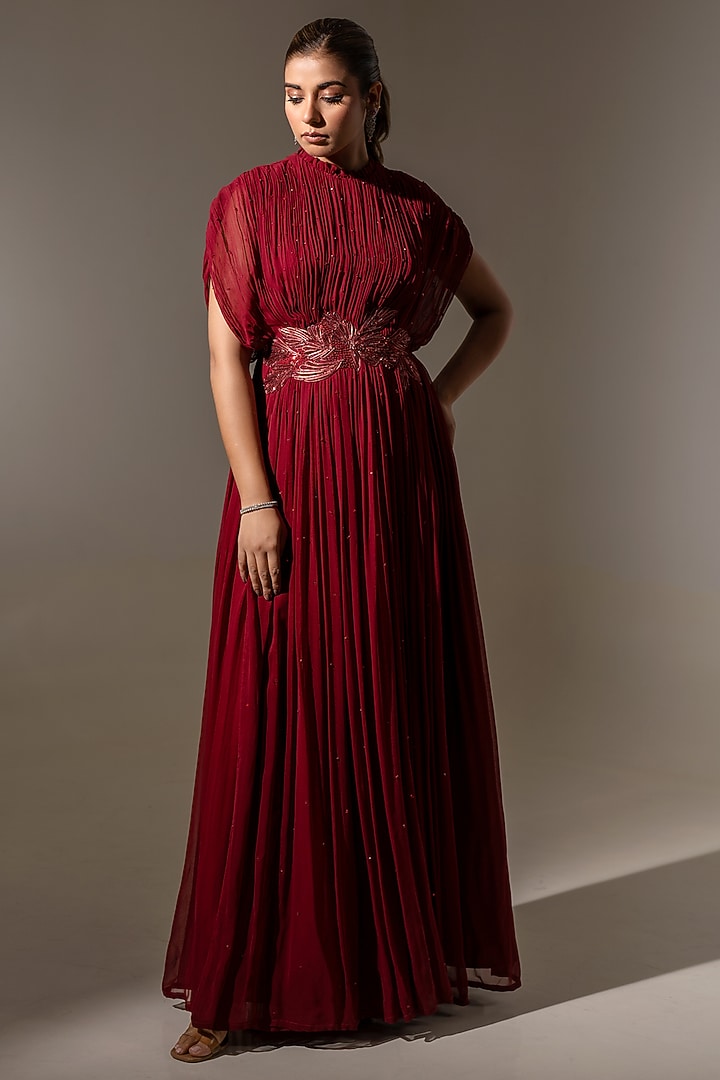 Maroon Georgette Embellished Engagement Gown by K-ANSHIKA Jaipur at Pernia's Pop Up Shop