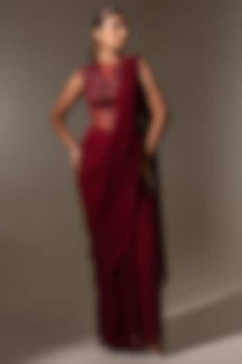 Maroon Georgette Net Embellished Drape Wedding Gown Saree by K-ANSHIKA Jaipur at Pernia's Pop Up Shop