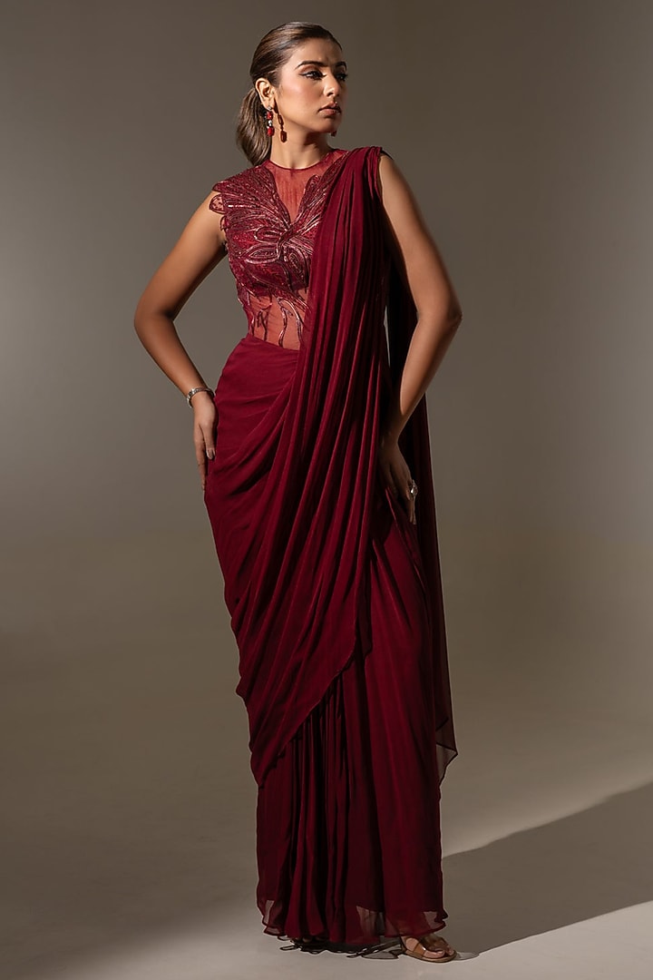 Maroon Georgette Net Embellished Drape Wedding Gown Saree by K-ANSHIKA Jaipur at Pernia's Pop Up Shop