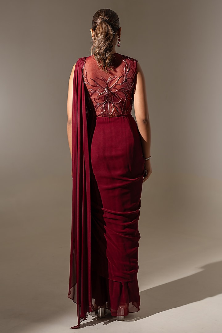Maroon Georgette Net Embellished Drape Wedding Gown Saree by K-ANSHIKA Jaipur at Pernia's Pop Up Shop