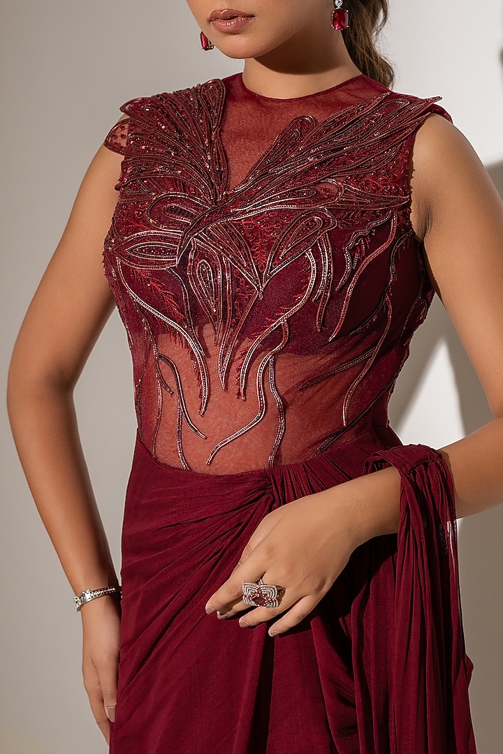 Maroon Georgette Net Embellished Drape Wedding Gown Saree by K-ANSHIKA Jaipur at Pernia's Pop Up Shop