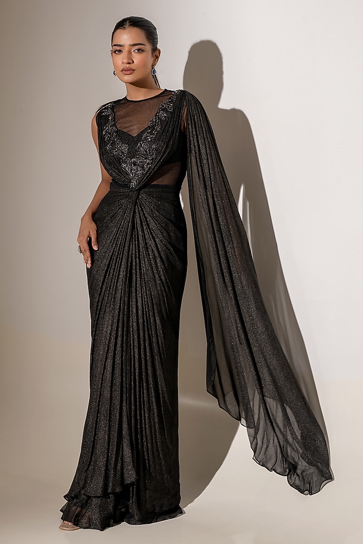 Black Georgette Net Embellished Drape Wedding Gown Saree by K-ANSHIKA Jaipur at Pernia's Pop Up Shop