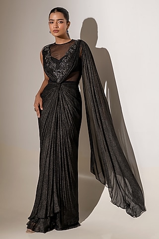 Black Georgette Net Embellished Drape Gown Saree by K-ANSHIKA Jaipur