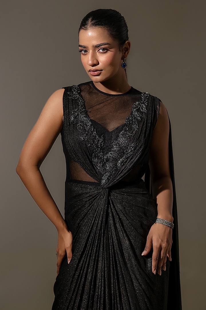 Black Georgette Net Embellished Drape Wedding Gown Saree by K-ANSHIKA Jaipur at Pernia's Pop Up Shop