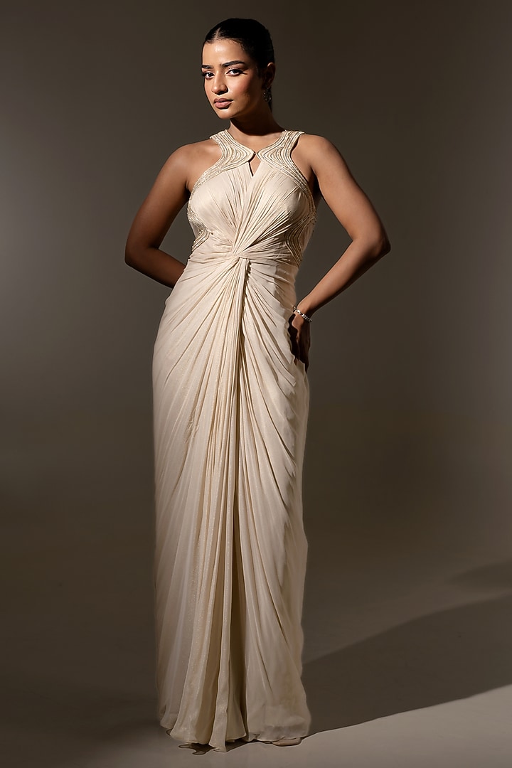 Ivory Georgette Net Sculpted Draped Engagement Gown by K-ANSHIKA Jaipur at Pernia's Pop Up Shop