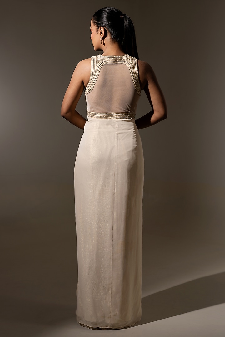 Ivory Georgette Net Sculpted Draped Engagement Gown by K-ANSHIKA Jaipur at Pernia's Pop Up Shop