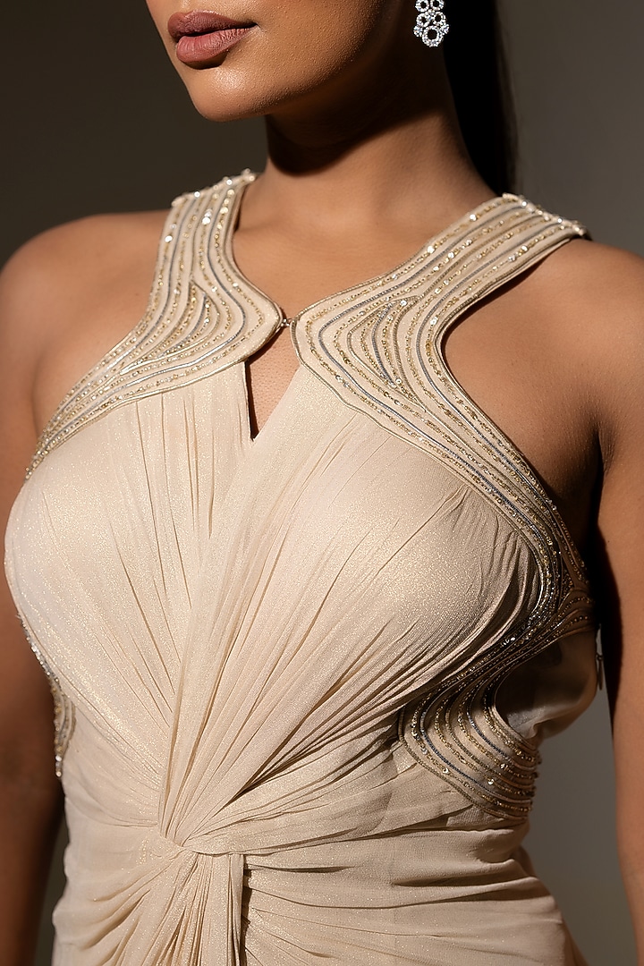 Ivory Georgette Net Sculpted Draped Engagement Gown by K-ANSHIKA Jaipur at Pernia's Pop Up Shop