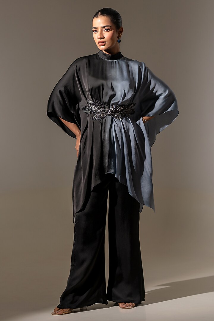 Black & Grey Ombre Satin Embroidered Drape Tunic Set by K-ANSHIKA Jaipur at Pernia's Pop Up Shop