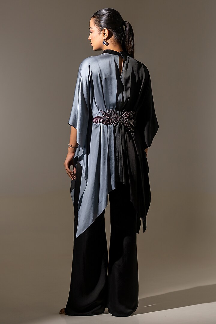 Black & Grey Ombre Satin Embroidered Drape Tunic Set by K-ANSHIKA Jaipur at Pernia's Pop Up Shop