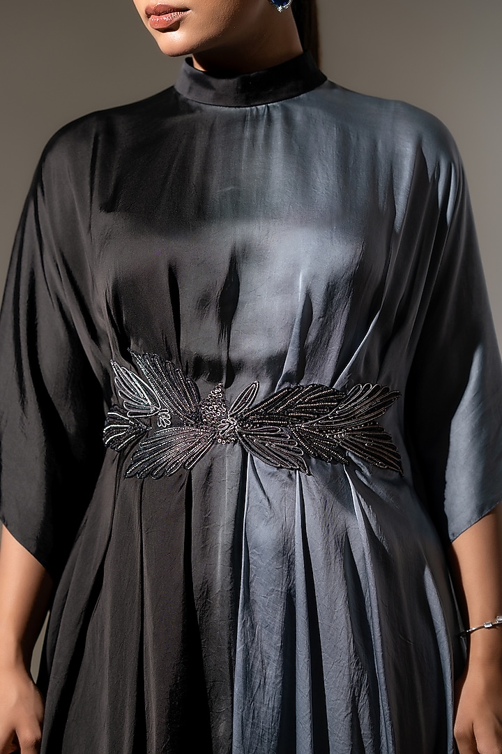 Black & Grey Ombre Satin Embroidered Drape Tunic Set by K-ANSHIKA Jaipur at Pernia's Pop Up Shop