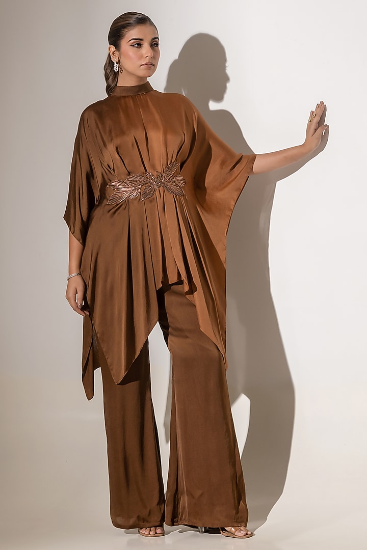 Brown Ombre Satin Embroidered Drape Tunic Set by K-ANSHIKA Jaipur at Pernia's Pop Up Shop