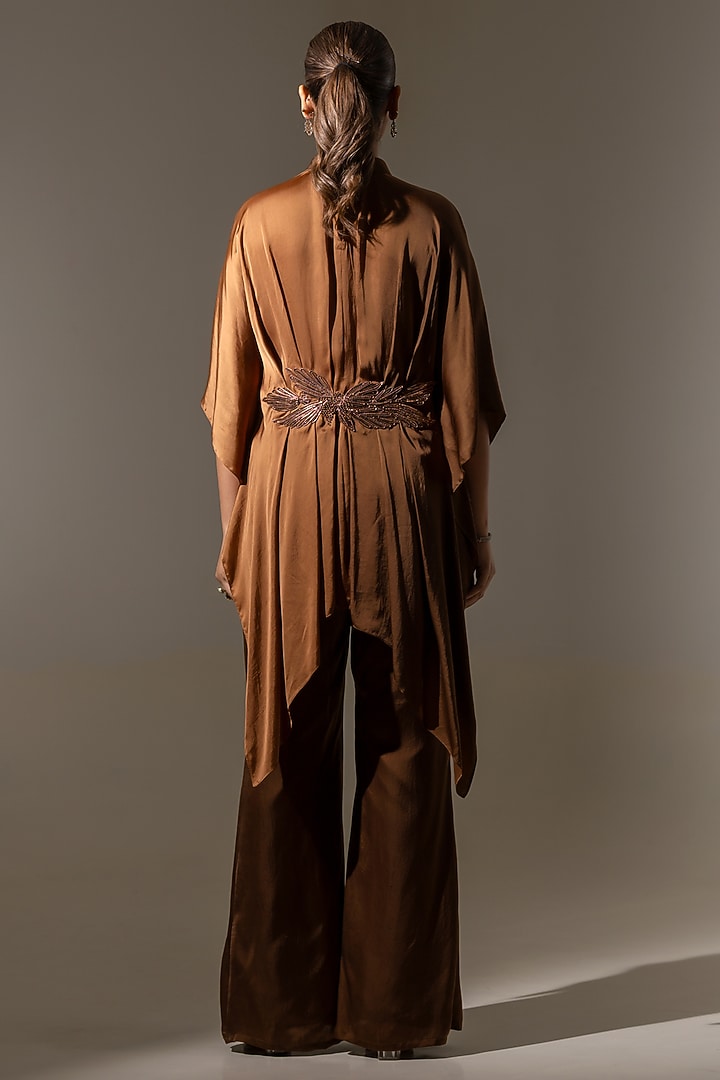 Brown Ombre Satin Embroidered Drape Tunic Set by K-ANSHIKA Jaipur at Pernia's Pop Up Shop